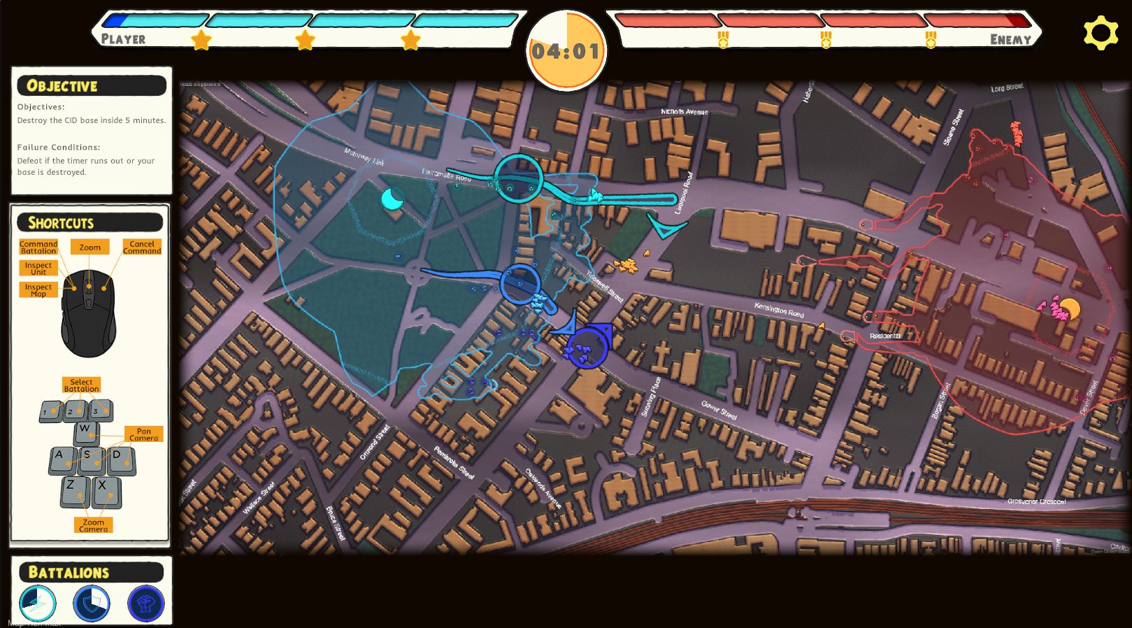 Full-screen dWars battle over a real Sydney suburb map.