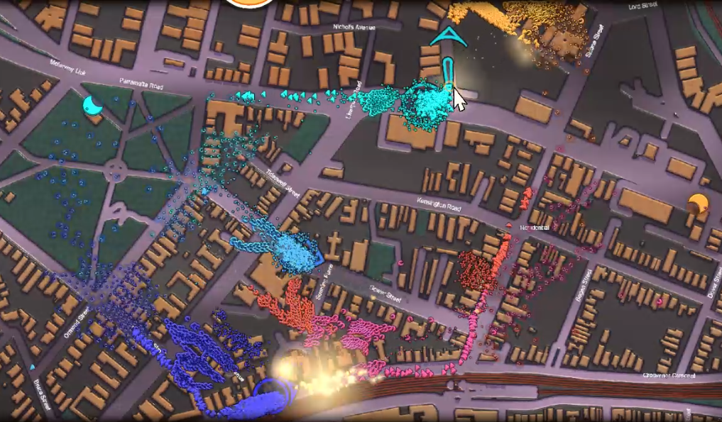 dWars battlefield view with thousands of units moving across suburban streets.